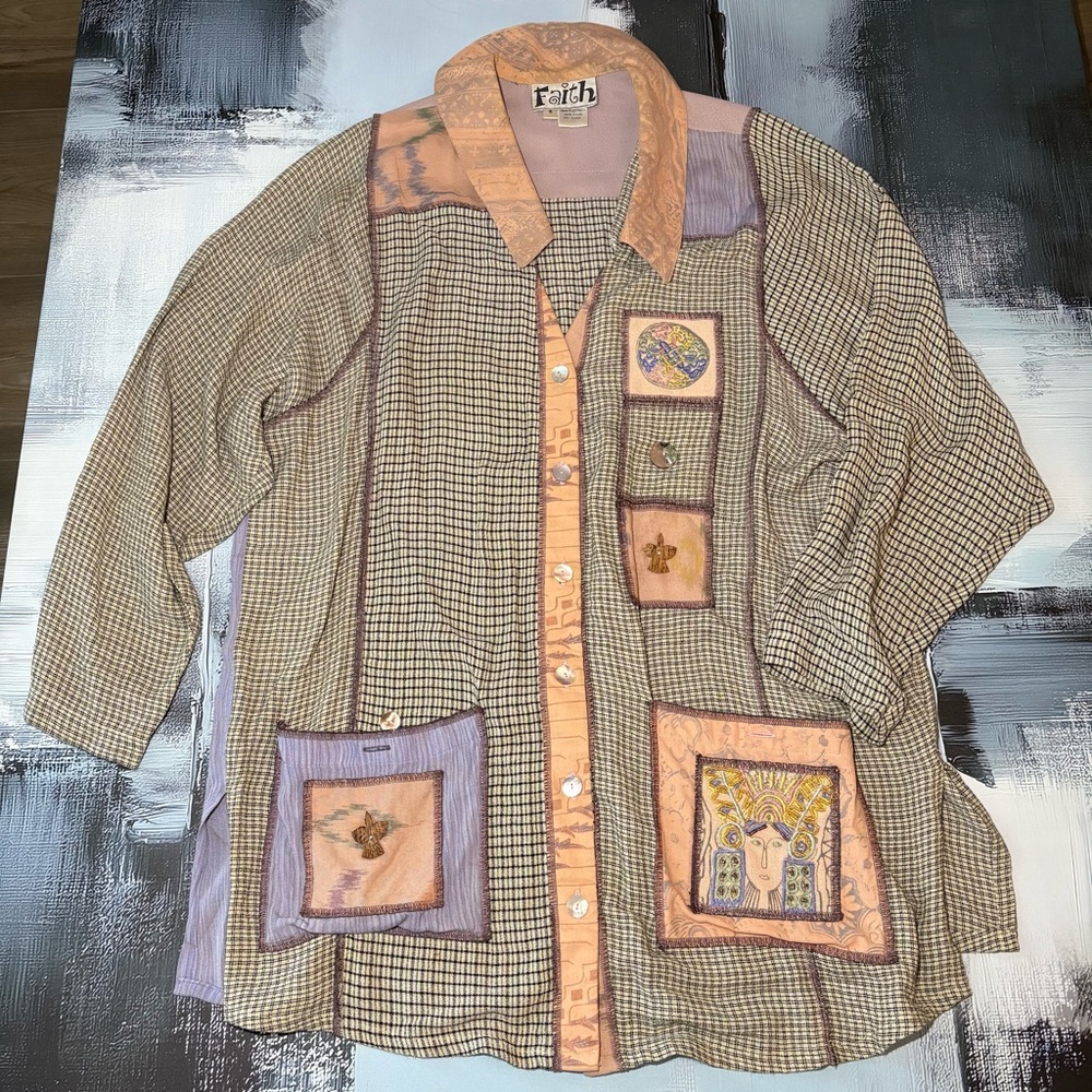 Vintage Boho Patchwork Embroidered Button Shirt T… - image 1